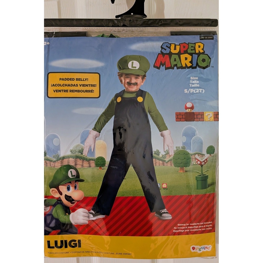 Luigi Toddler Costume 2T Super Mario Bros Green Hat Padded Overalls NWT - Picture 4 of 9